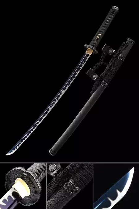 Handmade Japanese Samurai Sword With Blue Blade And Black Scabbard