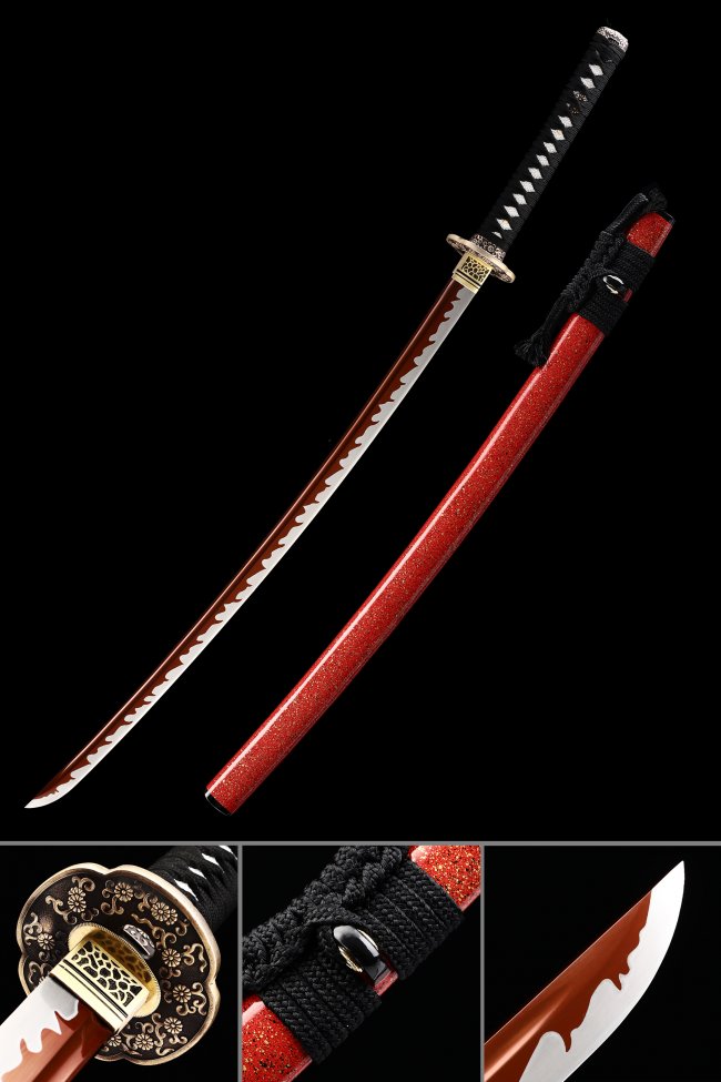 Chrysanthemum Tsuba Manganese Steel Katana, Handmade, Red Saya & Black White Tsuka