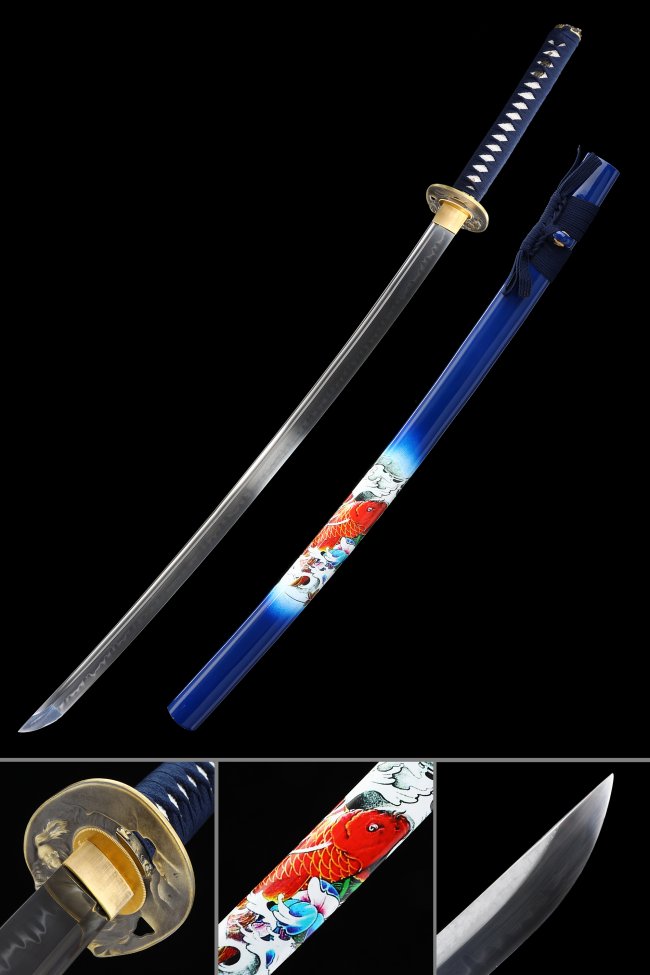 T10 Carbon Steel Katana with Koi-Painted Blue Saya and Chrysanthemum Tsuba