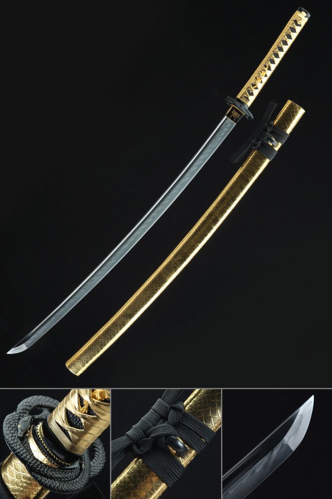 T10 Clay Tempered Katana with Golden Python-Scale Saya in Black Ito Wrap and Alloy Tsuba