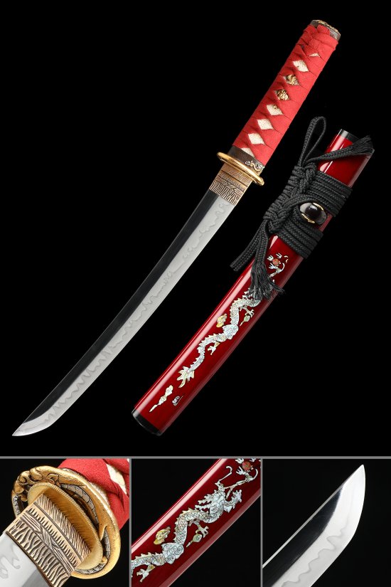 T10 Carbon Steel Tanto with Red Saya, Dragon Motif & Gold Dragon Tsuba