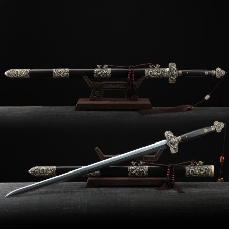 Handmade Black Sandalwood Chinese Dragon Theme Damascus Steel Chinese Swords