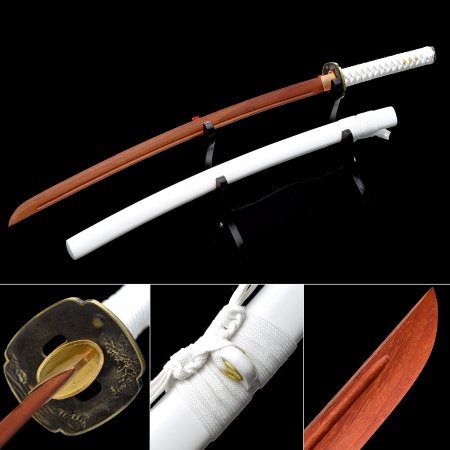 Handmade Rosewood Blunt Unsharpened Blade Katana Sword With White Scabbard And Alloy Tsuba