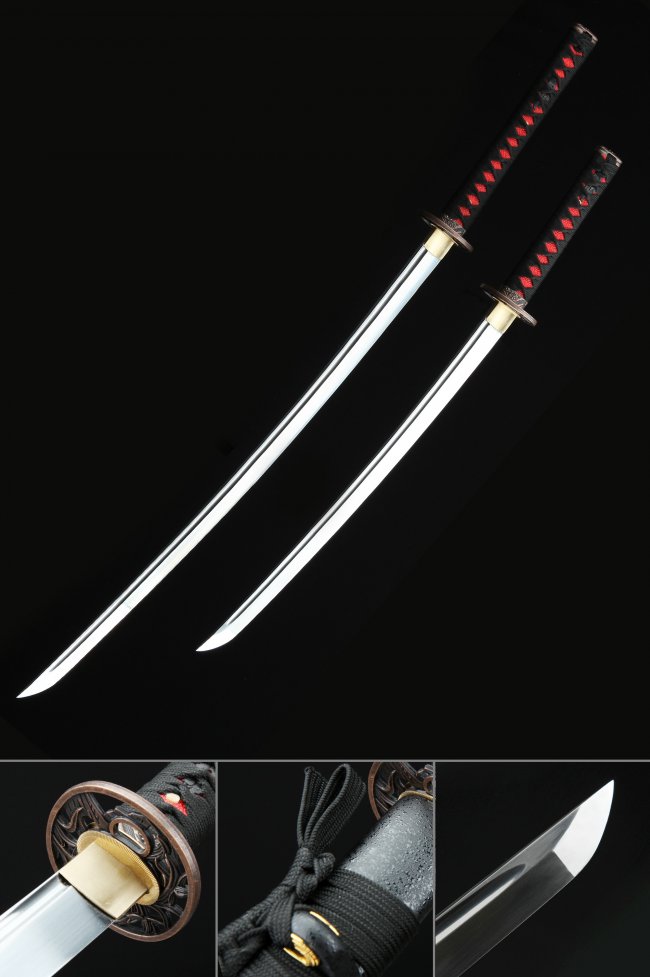 Daisho Set - Manganese Steel Katana and Wakizashi with Black and Red Ito, Floral Alloy Tsuba