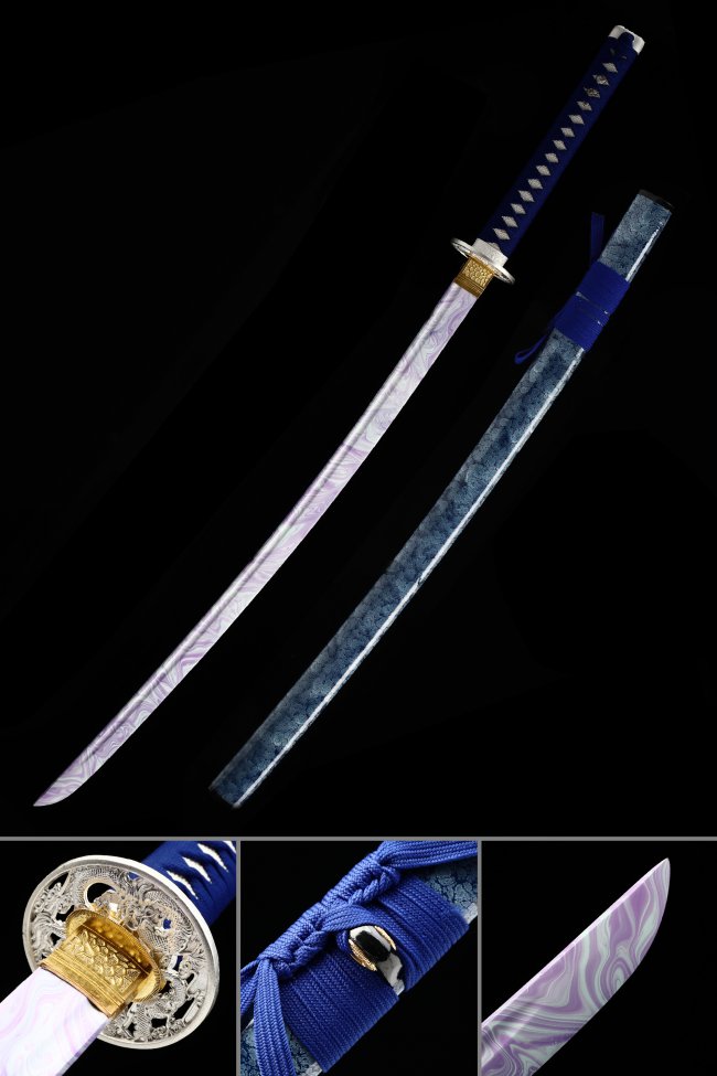 1045 Carbon Steel Katana with Purple Swirl Blade and Blue Floral Saya - Dragon Tsuba Collectible Sword