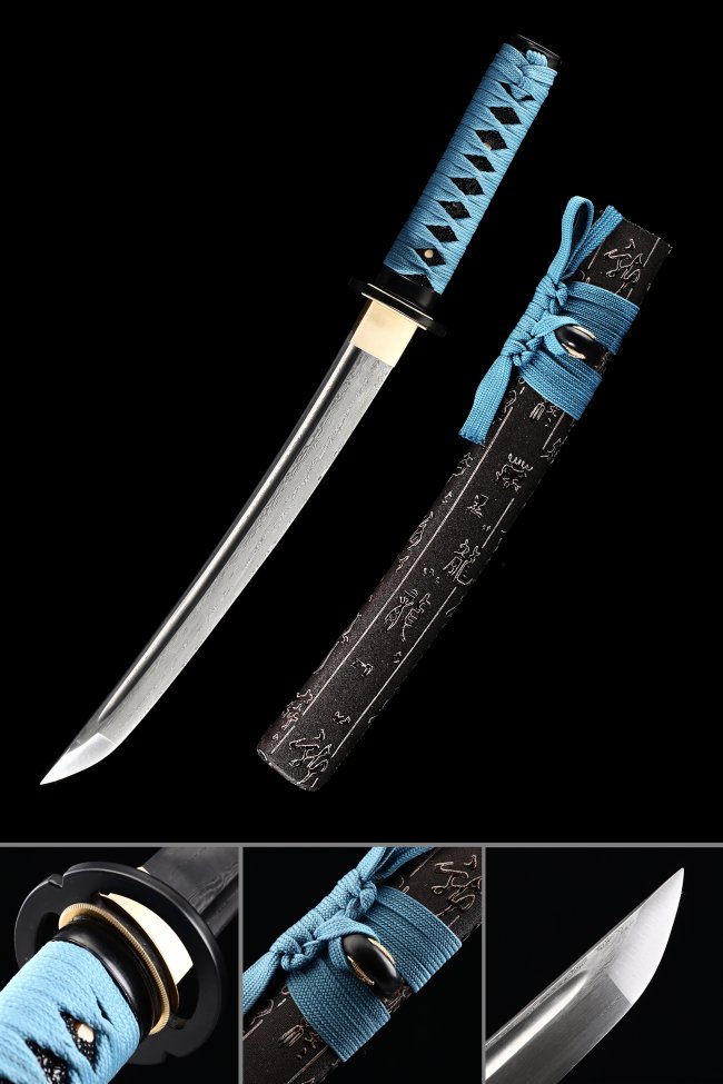 Round Plain Tsuba Damascus Steel Tanto, Folded Steel, Full Tang & Black Saya