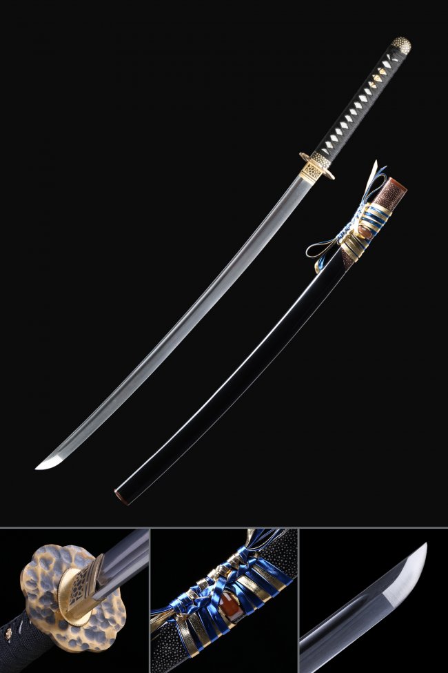 Damascus Steel Katana with Gold Alloy Tsuba - Black Ito, Blue Sageo, Piano Lacquer Saya