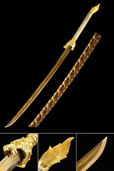 Handmade Japanese Katana Sword With Golden Blade And Leopard Tsuba