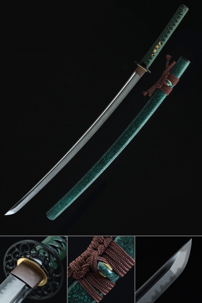 T10 Folded Clay Tempered Katana with Dark Green Textured Saya and Openwork Iron Tsuba - Full Tang Collectible