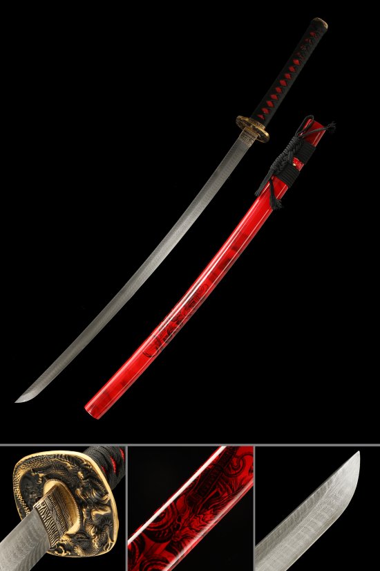 Damascus Steel Katana with Red Dragon Lacquer Saya - Gold Dragon Tsuba, Black-Red Tsuka