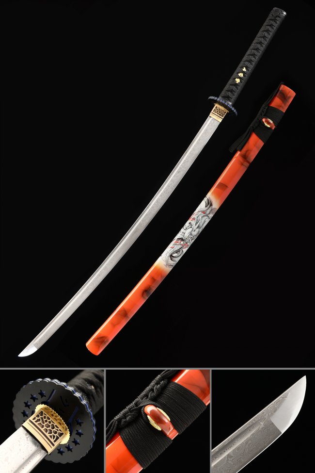 Folded Melaleuca Steel Katana with Orange Dragon-Painted Saya - Black Tsuka, Geometric Tsuba