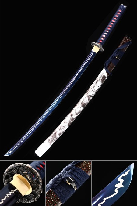 Handmade Japanese Katana Sword With Blue Blade And White Scabbard