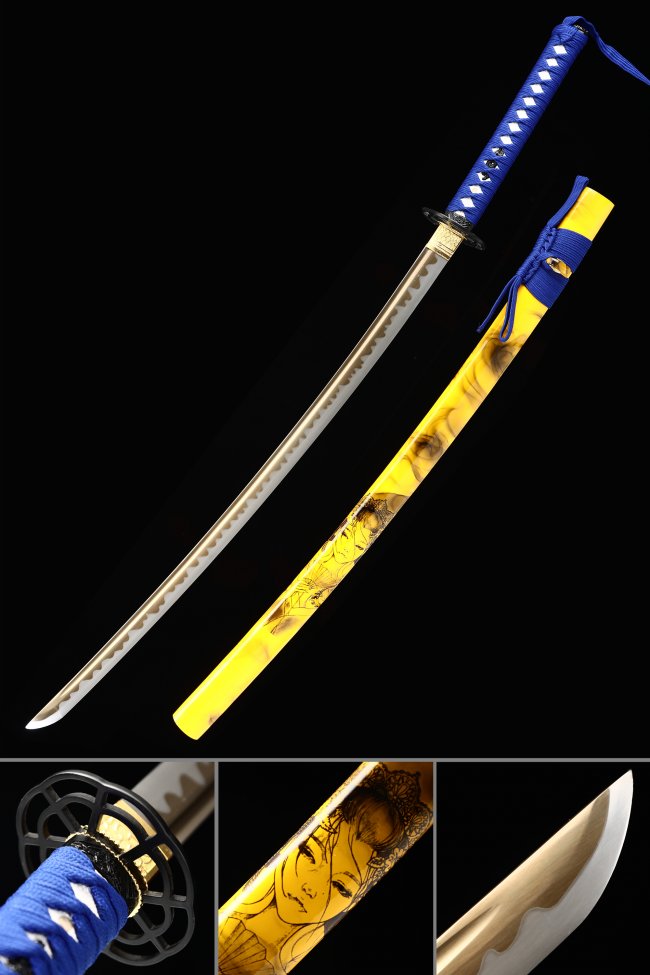 Manganese Steel Katana with Yellow Lacquer Saya & Blue Ito - Geisha Painted Scabbard Replica