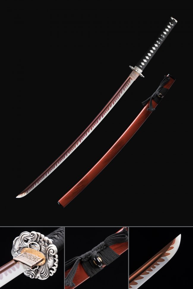 Manganese Steel Katana Red Blade with Koi Tsuba - Black Cord Handle, Red Lacquer Saya