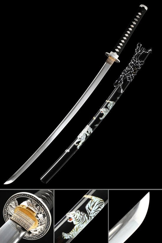 1095 Carbon Steel Katana with Black Hardwood Saya - Tiger Theme Scabbard & Silver Tsuba