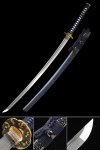Damascus Steel Katana with Blue Lacquer Saya - Horse Tsuba, Dark Blue Cord Handle, 28.74" Blade