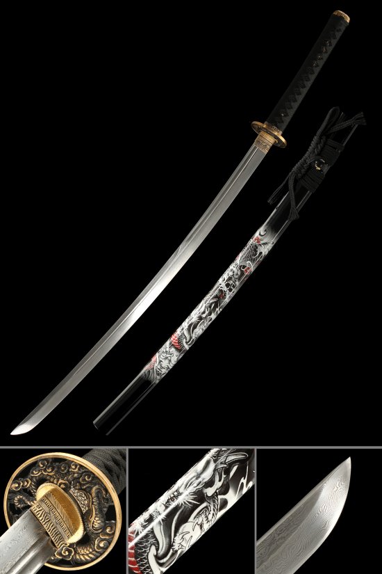 Folded Melaleuca Steel Katana with Dragon-Painted White Saya in Black & Gold Koshirae
