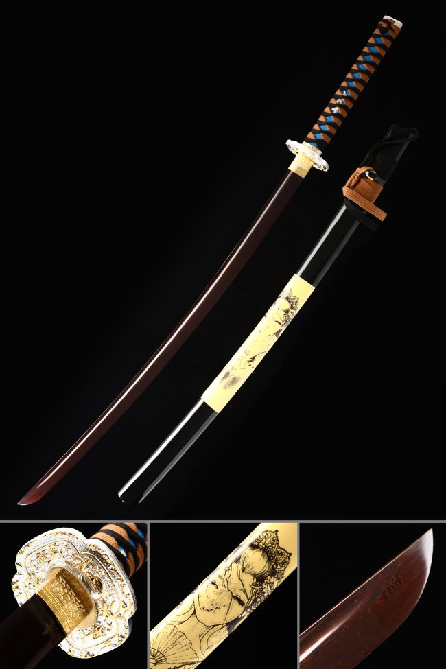 Damascus Steel Katana with Dark Red Blade - Geisha Saya, Silver-Gold Tsuba, Brown-Blue Tsuka
