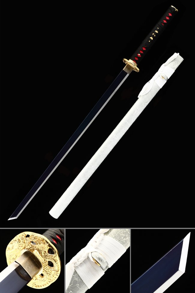 Manganese Steel Blue Blade Ninjato with White Lacquer Saya - Gold Dragon Tsuba, Black-Red Tsuka