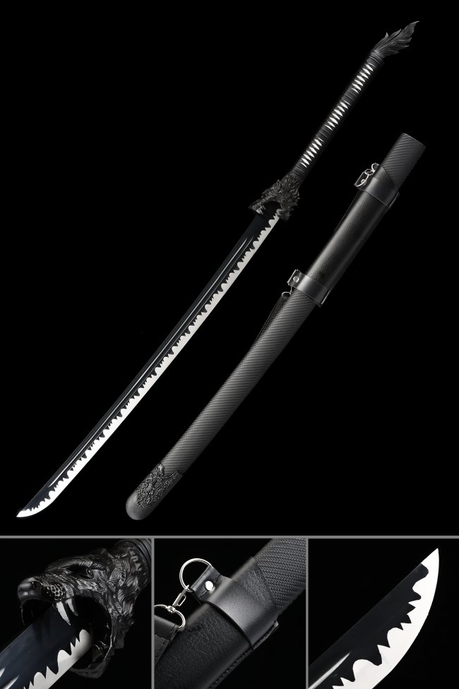 Black Blade Katana in Manganese Steel with Wolf Pommel and Serrated Edge - Full Tang Collectible