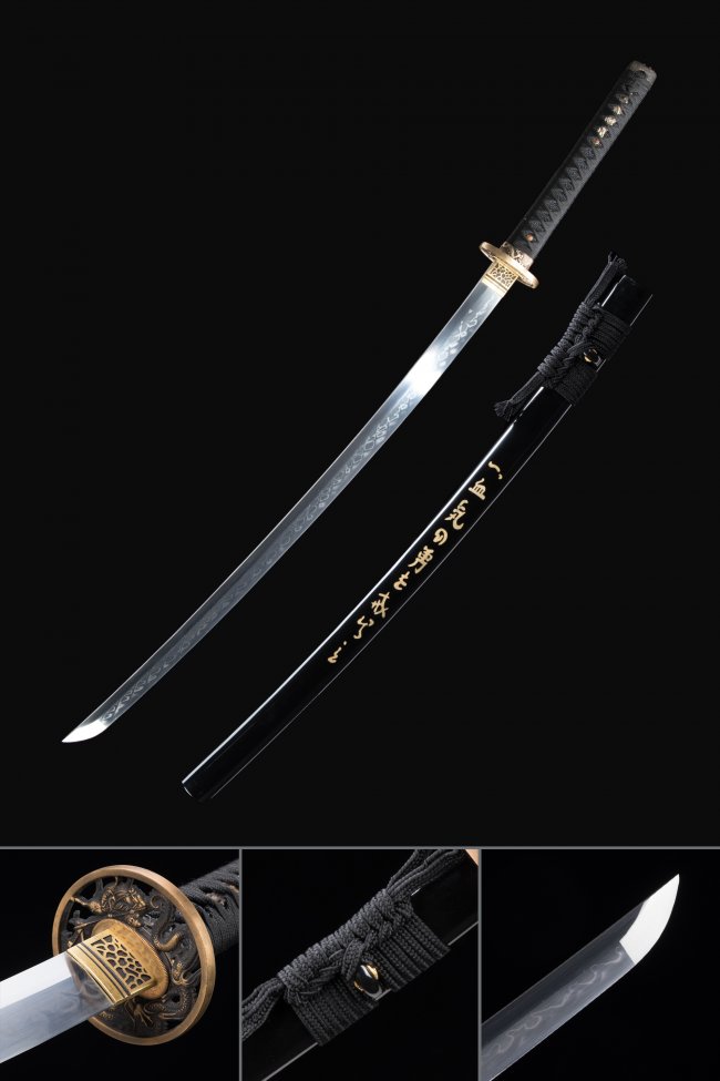 T10 Carbon Steel Katana with Dragon Tsuba in Black Lacquer Saya - Real Hamon, Bronze Fittings