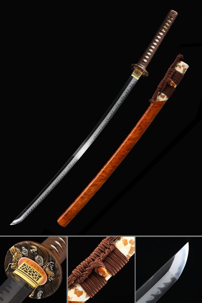 Dragon Tsuba T10 Carbon Steel Katana, Premium, Orange Saya & Brown Tsuka