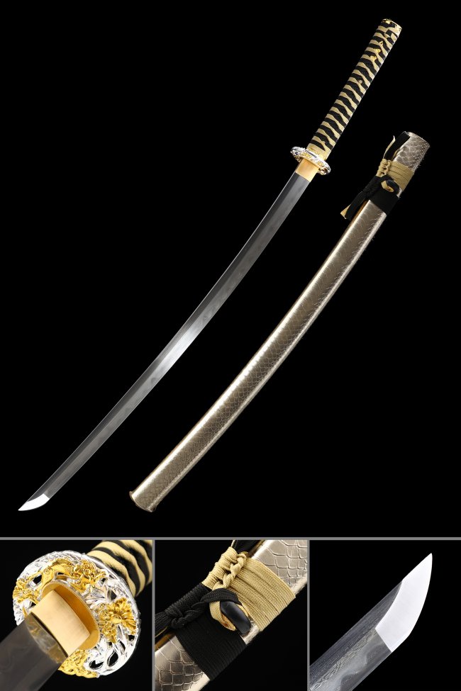 Damascus Steel Katana with Chrysanthemum Tsuba, Rayskin Saya in Beige - Gold-Black Ito