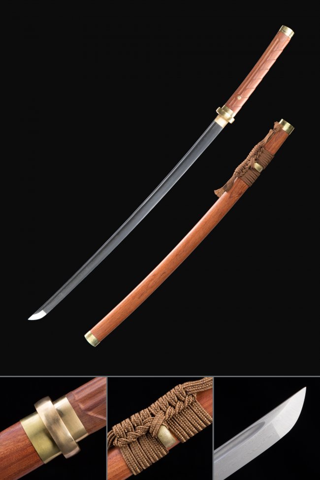 Damascus Steel Katana with Natural Hardwood Saya in Brown - Gold Fittings, Hamon Blade