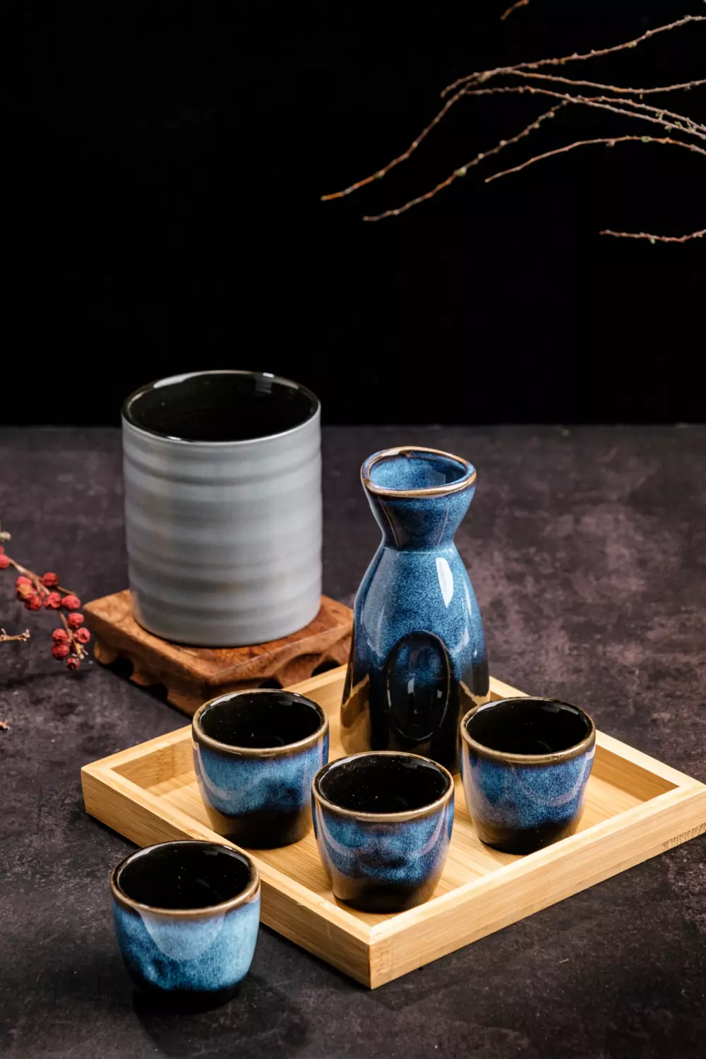 Aantique Japanese Sake Set  Japanese Sake Set, 1 Bottle And 5 Cups With  Bamboo Tray - TrueKatana