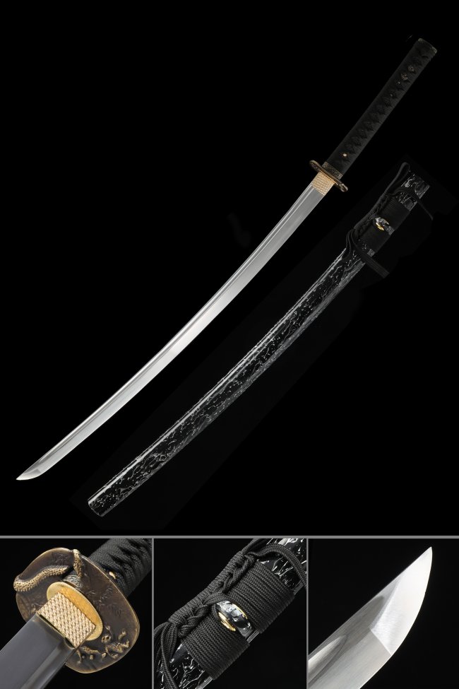 Spring Steel Katana with Dragon Lacquer Saya, Gold Tsuba & Black Cord Handle