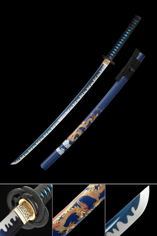 1060 Carbon Steel Full Tang Japanese Sword with Blue Dragon Saya in Piano Lacquer Finish