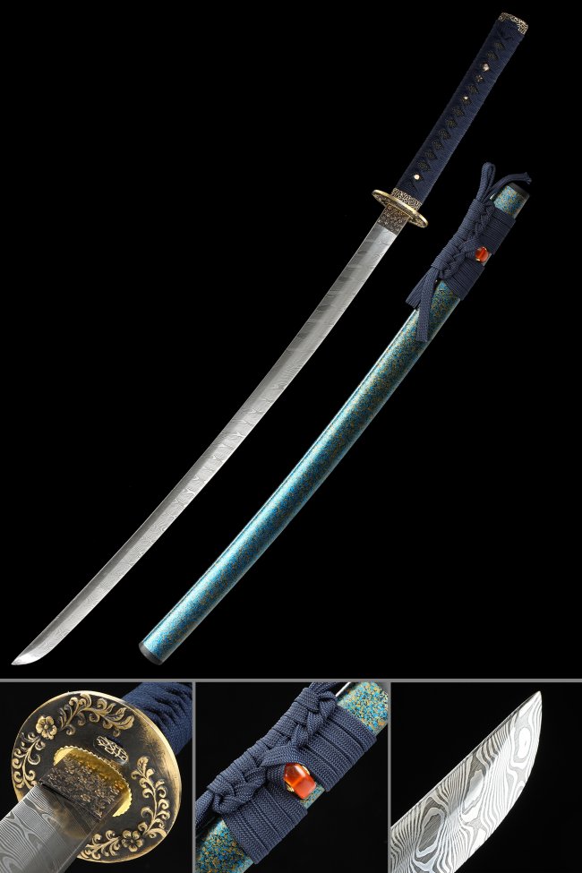 Damascus Steel Katana with Teal Lacquer Saya - Dark Blue Handle & Gold Flower Tsuba