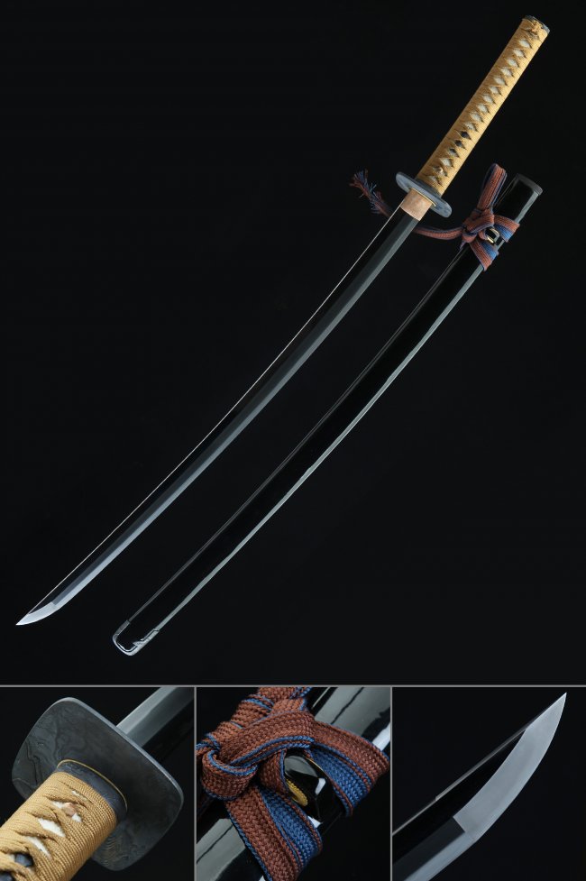 Handcrafted Tamahagane Steel Katana, Black Saya & Beige Tsuka
