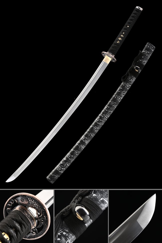 Manganese Steel Katana with Koi Bronze Tsuba in Black - Scorpion-Print Hardwood Saya