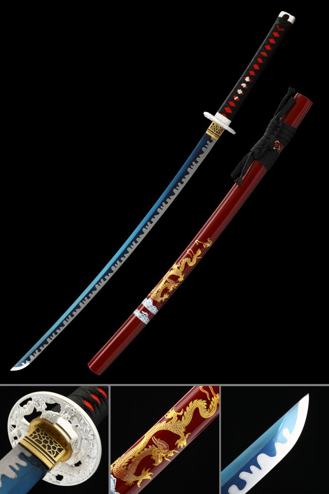 Blue Blade Katana in Manganese Steel with Red Dragon Saya - Black Red Handle