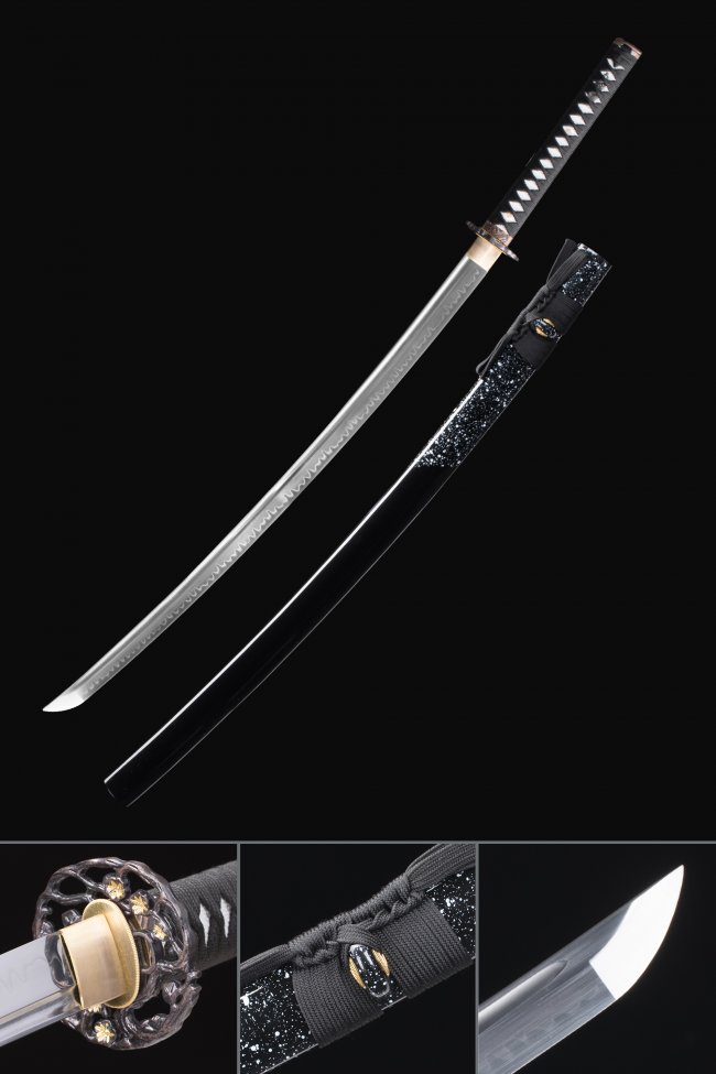 T10 Carbon Steel Katana with Real Hamon in Black Hardwood Piano Lacquer Saya - Full Tang Replica