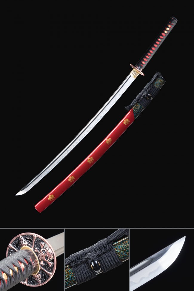 Skull Tsuba T10 Carbon Steel Katana, Real Hamon, Handmade & Red Flower Saya