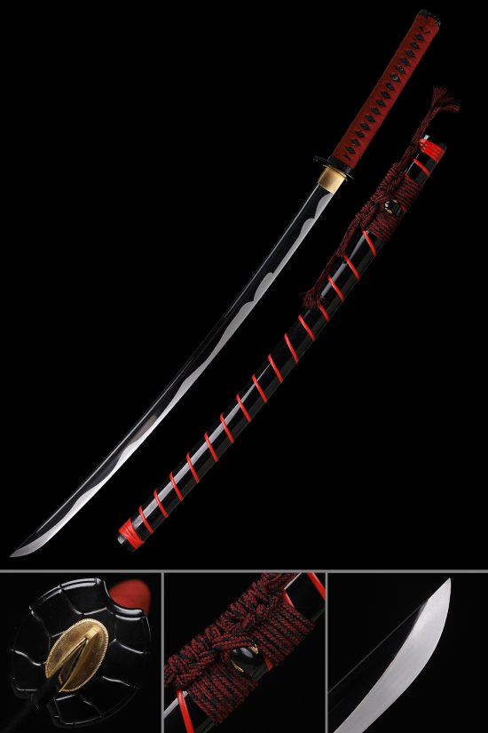 1090 Carbon Steel Black Blade Katana with Red Tsuka and Black-Red Lacquered Hardwood Saya