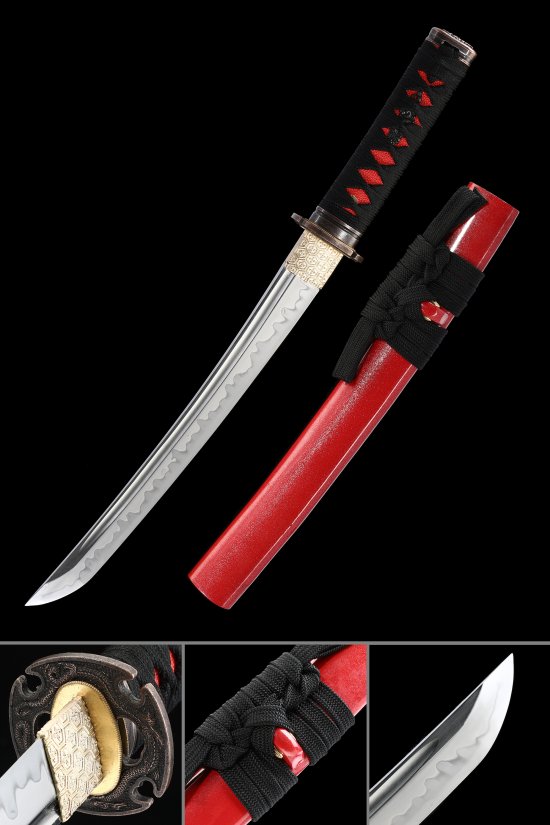 T10 Carbon Steel Japanese Tanto in Red Lacquered Saya with Dragon Tsuba - Black-Red Ito