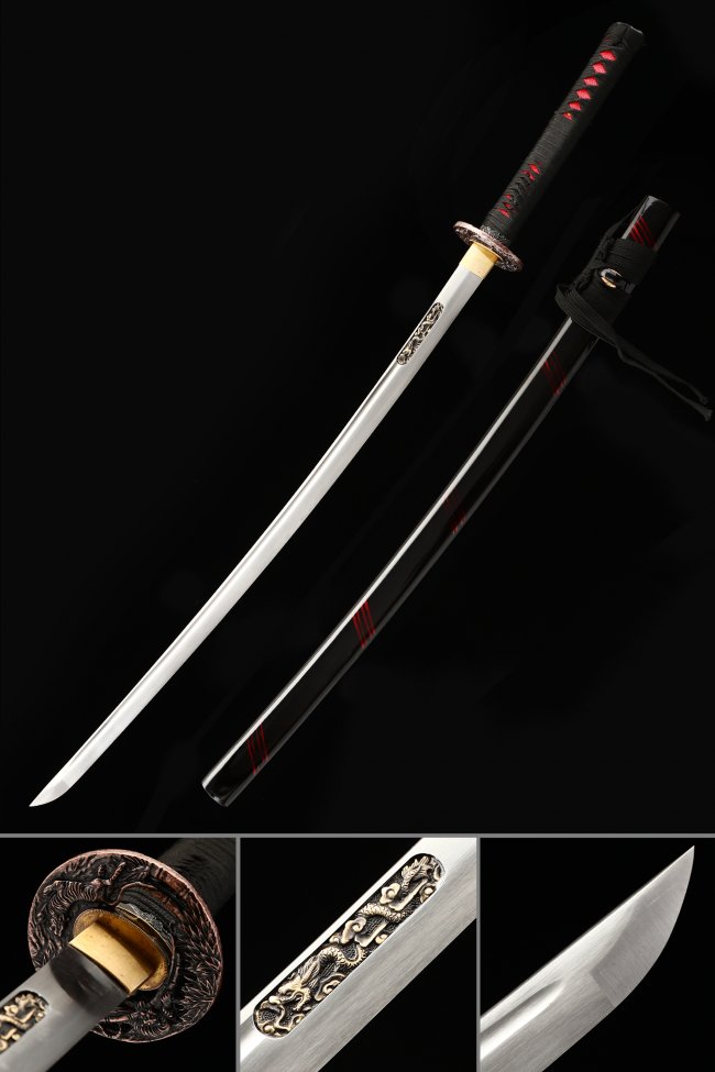 Manganese Steel Full Tang Katana with Black-Red Cord Handle in Black Piano Lacquer Saya