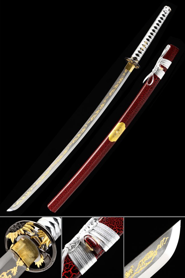 Tiger Katana Sword - Manganese Steel with Gold Engraved Blade in Red Crackle Saya with White Cord Wrap