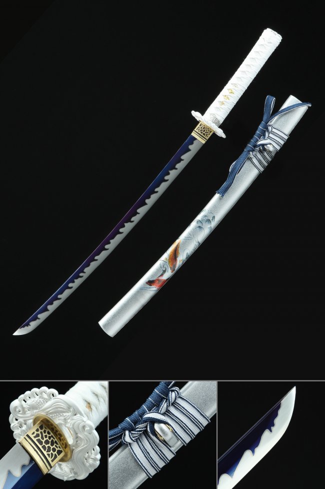 1095 Carbon Steel Blue-White Blade Wakizashi with Koi Saya, White Tsuka & Gold-Tone Tsuba