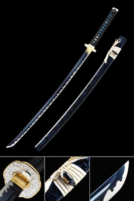 Handmade Japanese Katana Sword Full Tang With Blue Blade And Black Scabbard