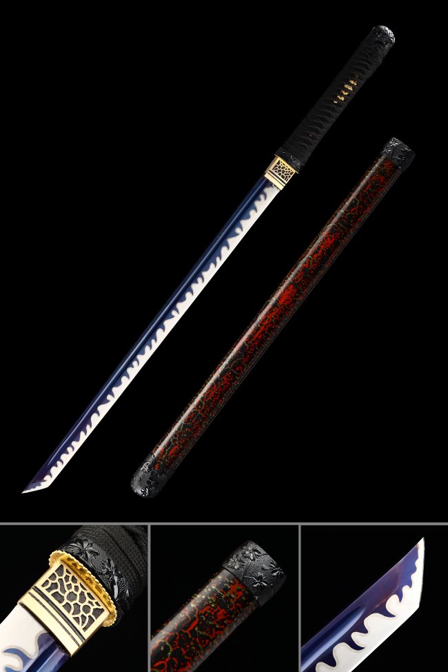 Manganese Steel Ninjato with Blue Blade, Gold Geometric Tsuba in Dark Red Dragon Saya