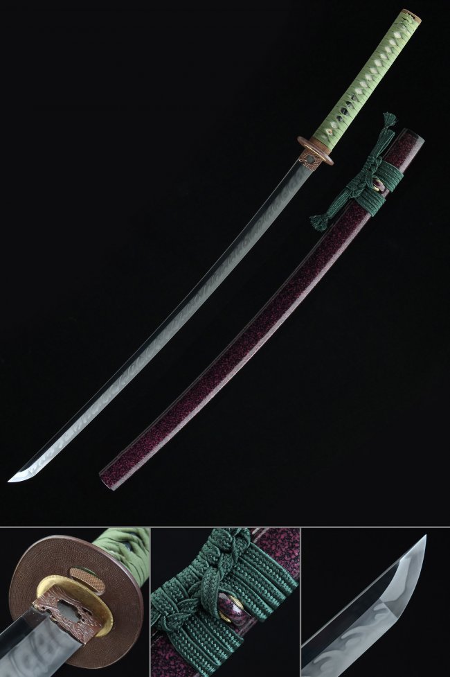 Real Hamon T10 Carbon Steel Katana, Handmade, Maroon Saya & Light Green Tsuka