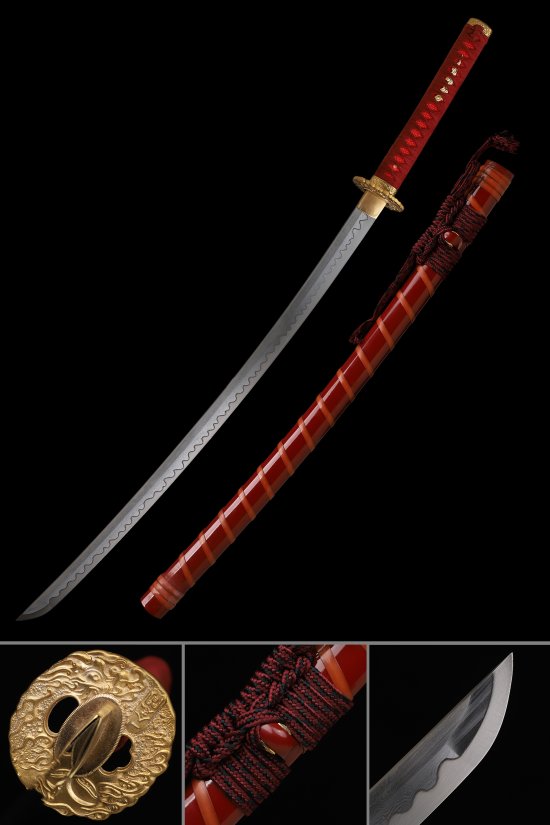 Folded Melaleuca Steel Katana with Gold Wave Tsuba - Red Lacquer Saya & Red Cord Handle