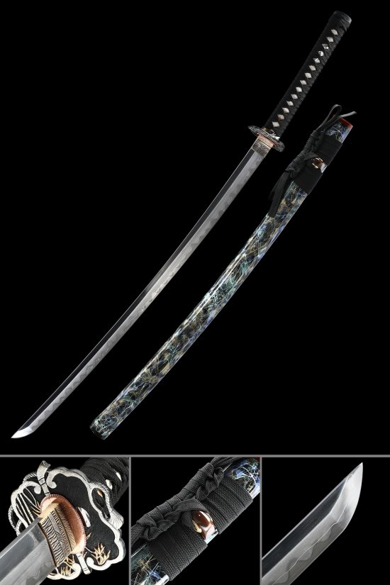 Damascus Steel Katana with Hamon Blade, Lightning Saya & Cloud Tsuba - Black Ito
