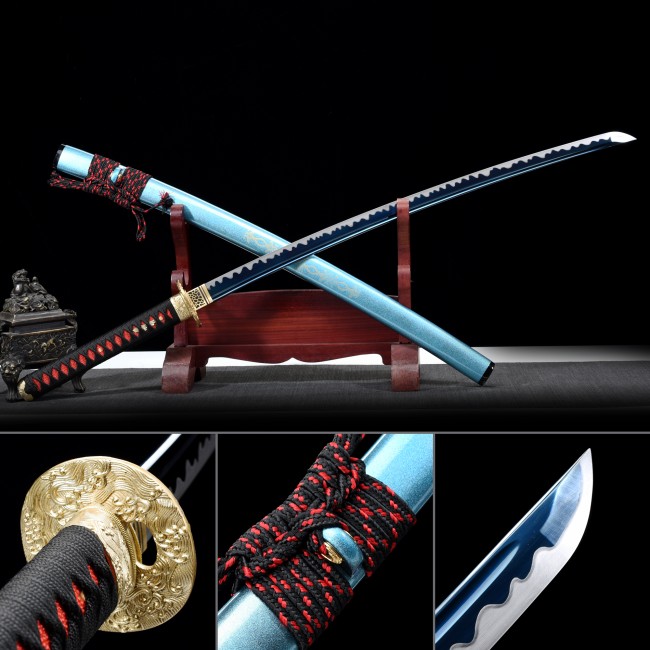 Blue 1060 Carbon Steel Katana with Hand-Painted Pearlescent Saya and Gold Wave Tsuba - Full Tang Samurai Sword
