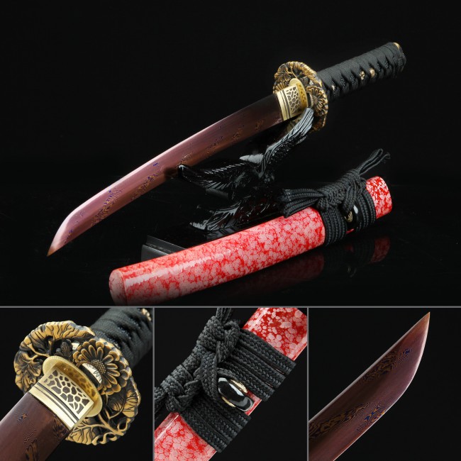 Clay Tempered T10 Steel Tanto with Red Damascus Blade and Floral Gold Tsuba in Red Lacquer Saya