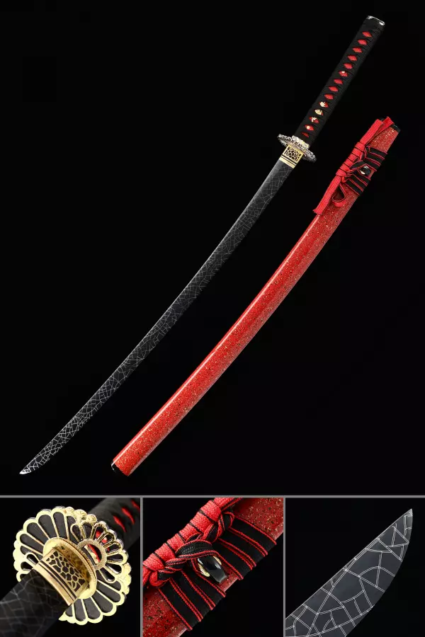 Handmade Japanese Katana High Manganese Steel Real Full Tang With Sunflower Tsuba And Red Scabbard